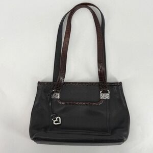Brighton Black‎ Pebbled Leather Brown Croc Trim Shoulder Tote Bag